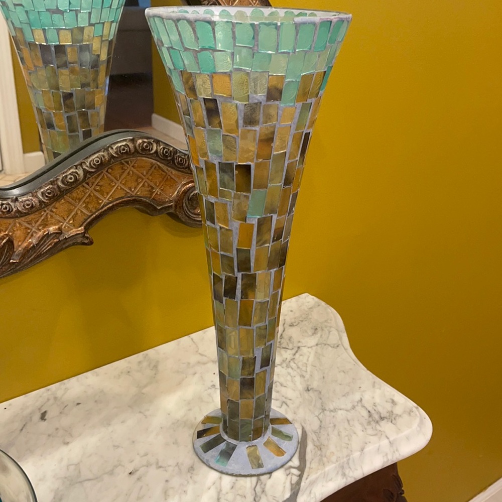 Beautiful Aqua and Goldish Brown Glass Tile Vase!